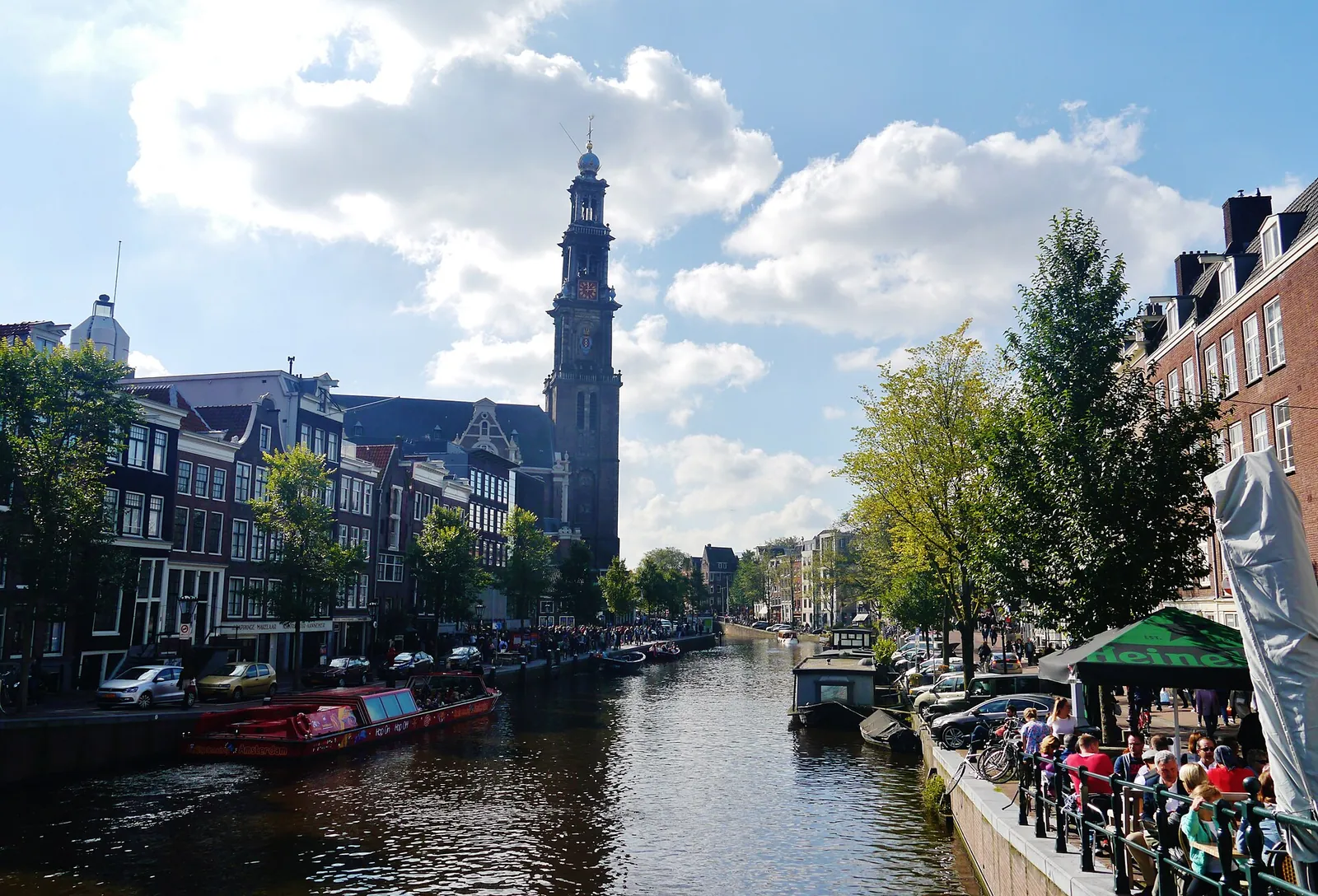 The Westerkerk tower rising over the Prinsengracht