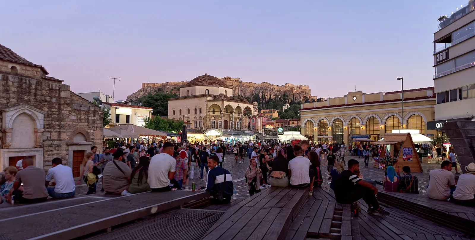 Monastiraki Square buzzing at dusk