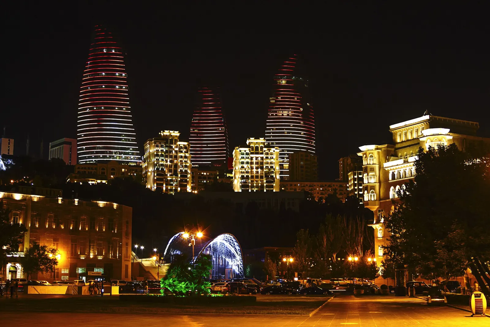The Flame Towers lit up above Baku at night