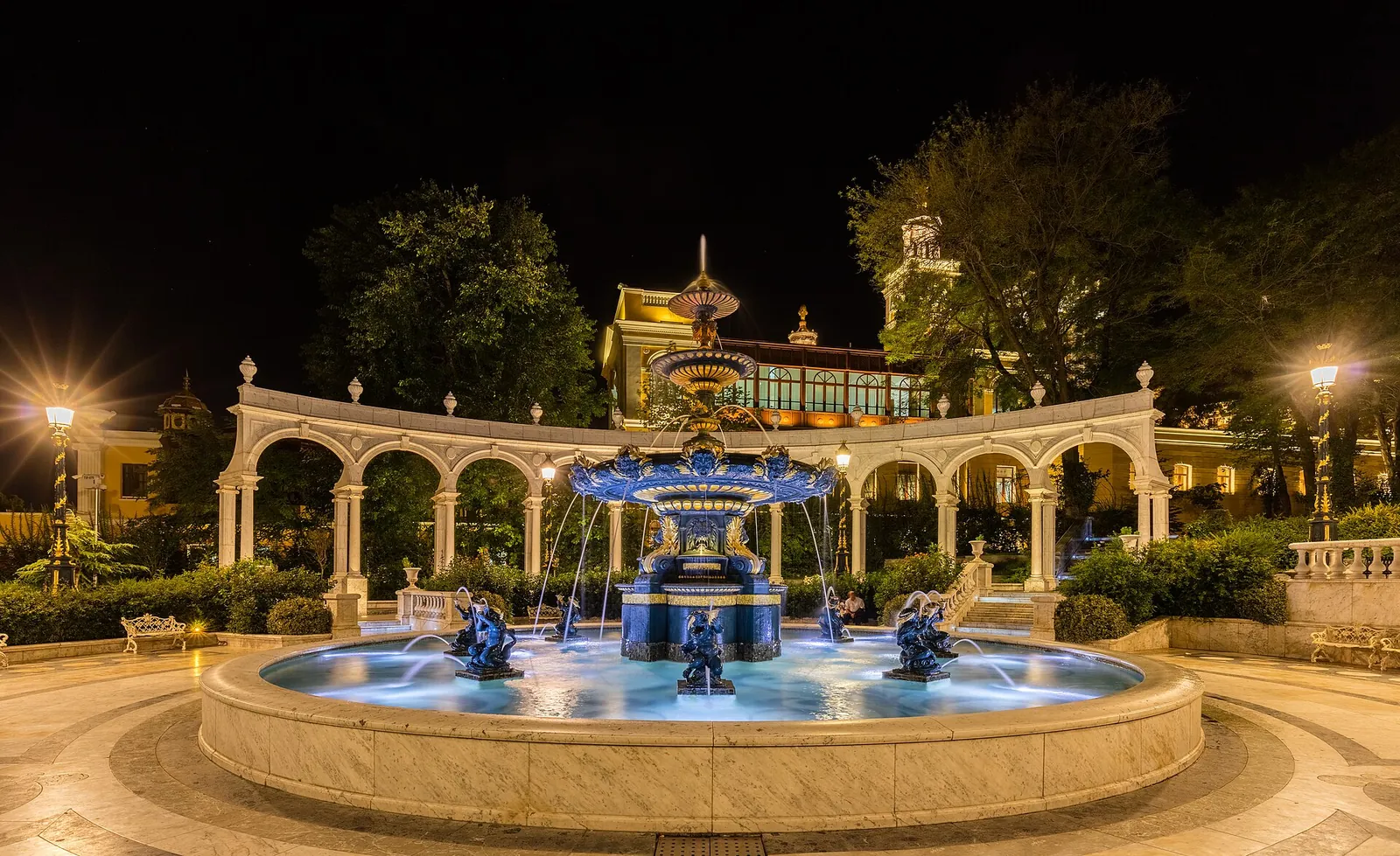 Illuminated fountain in central Baku at night