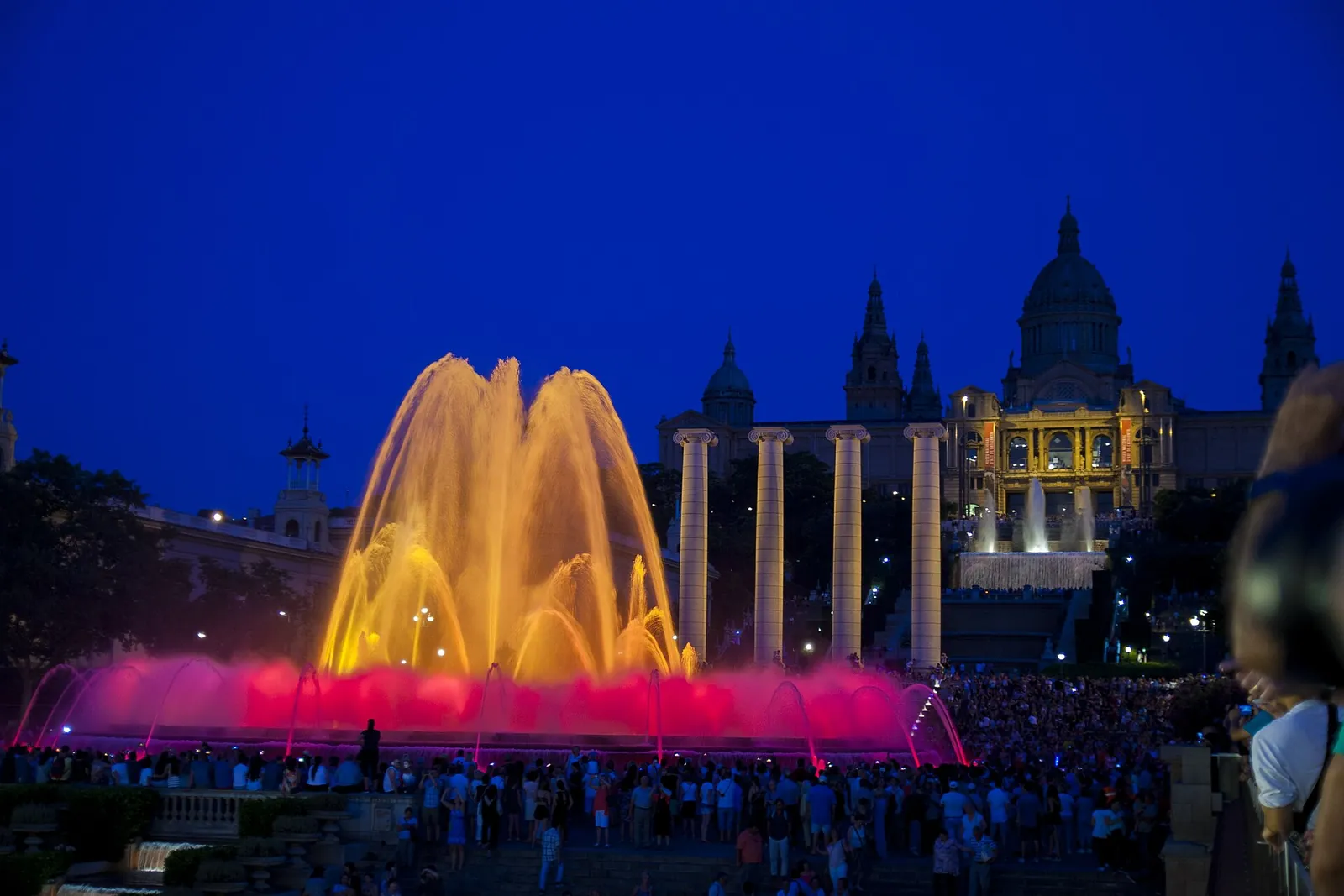 Magic Fountain of Montjuïc lit up in gold and pink