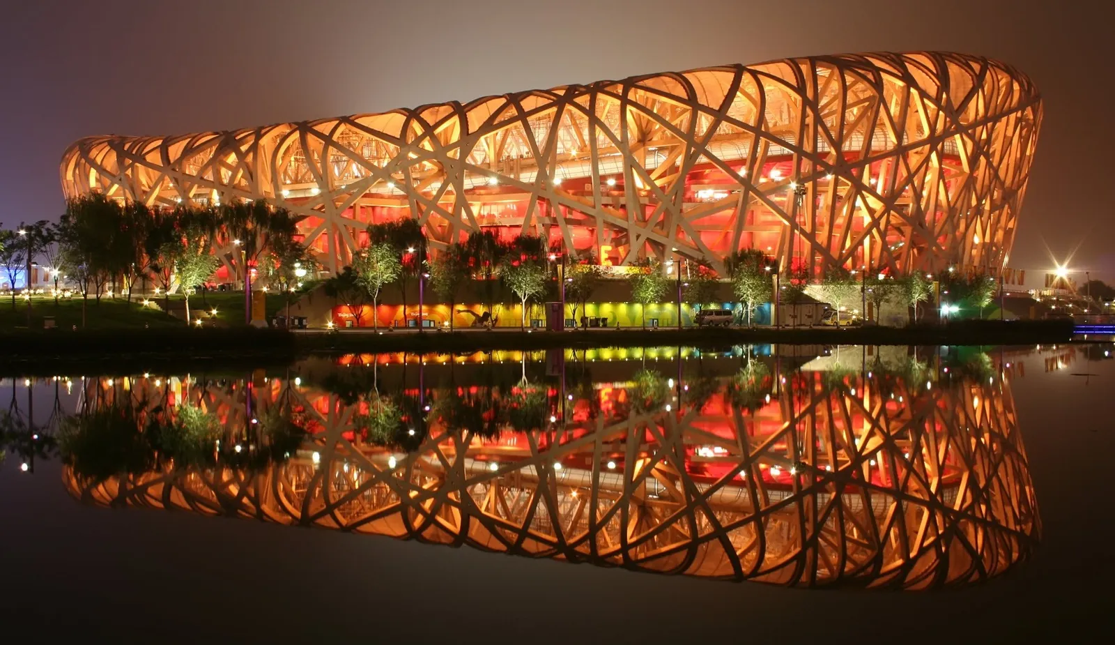 The Bird's Nest stadium glowing at night