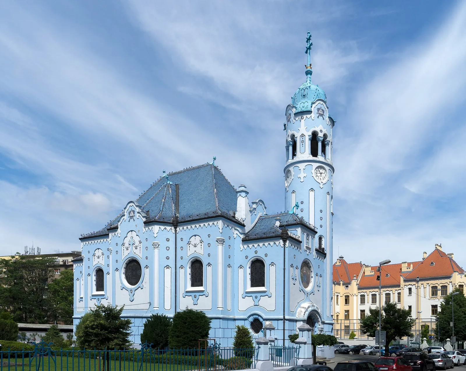 The powder blue Church of St. Elizabeth on a sunny day