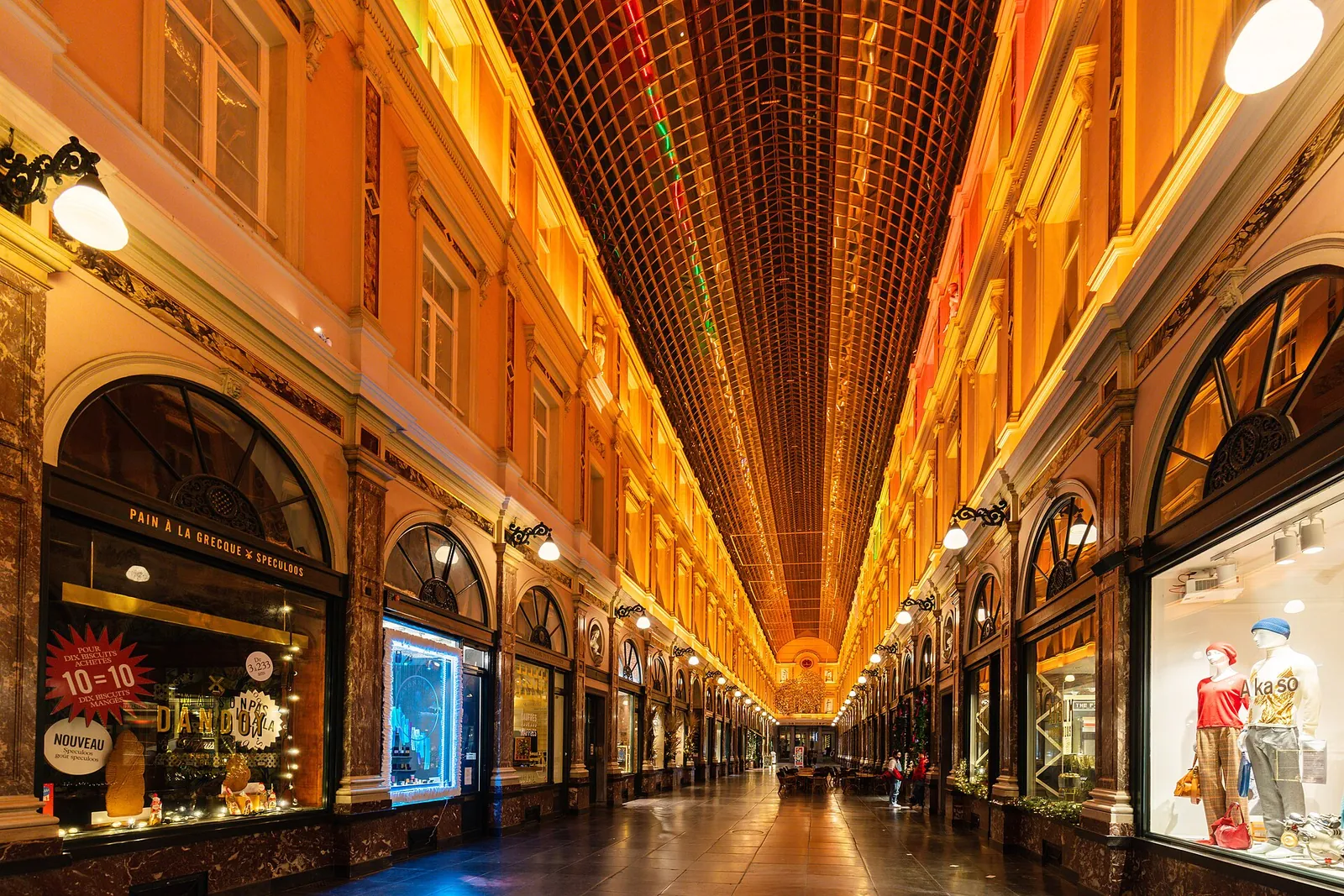 Golden glow inside the Galeries Royales Saint-Hubert