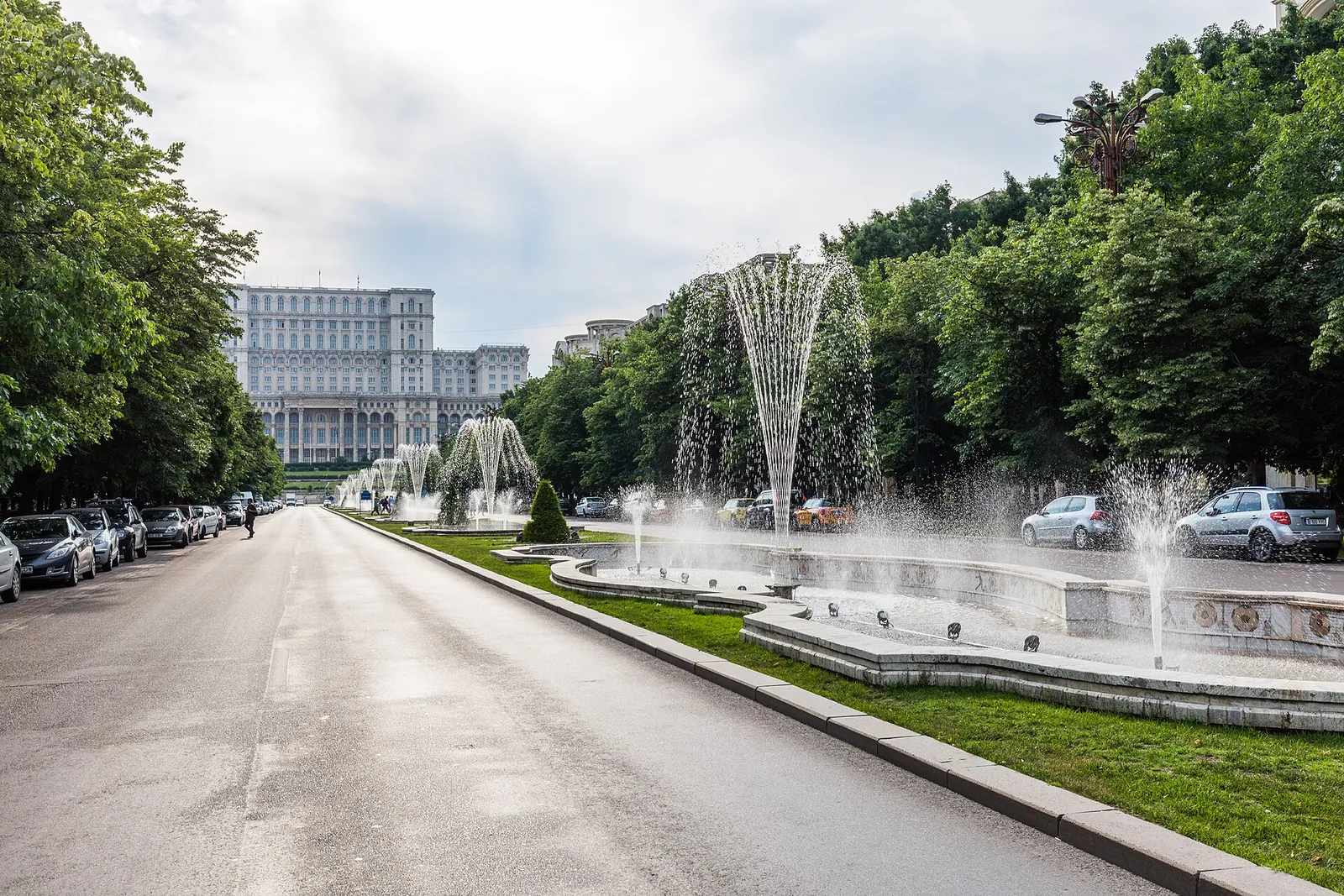 Fountains on Unirii Boulevard leading to the Palace of the Parliament