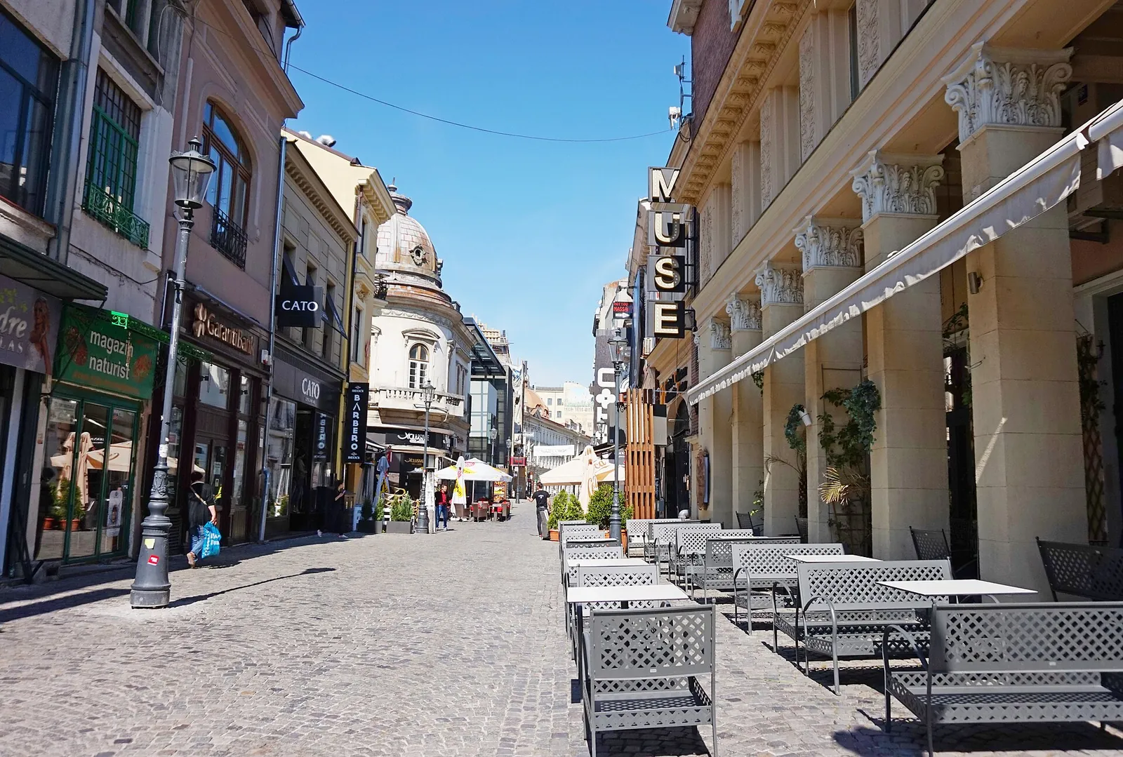 Sunny café terraces on Strada Lipscani, Bucharest