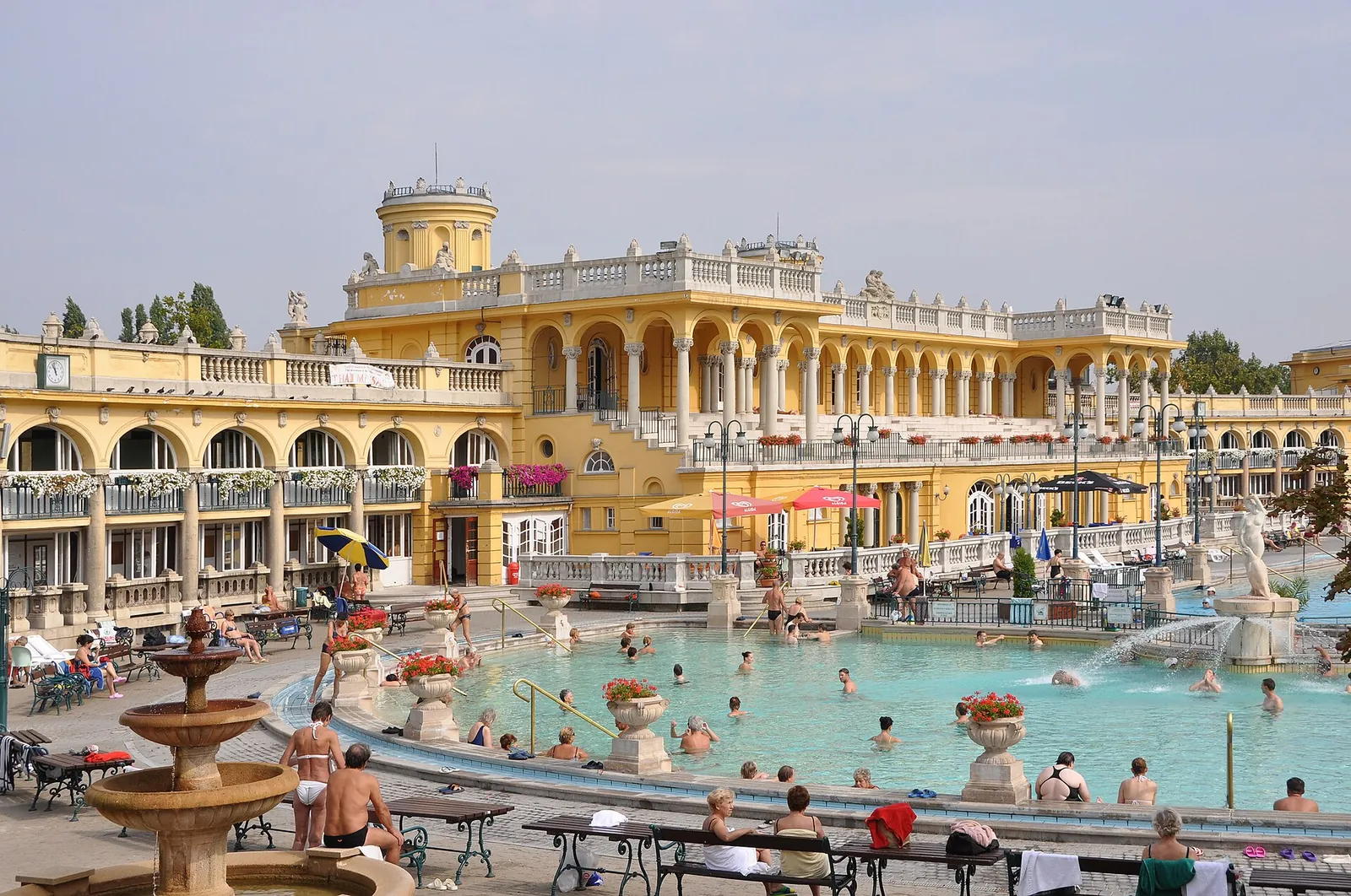 Yellow buildings and outdoor pool at Széchenyi Thermal Bath