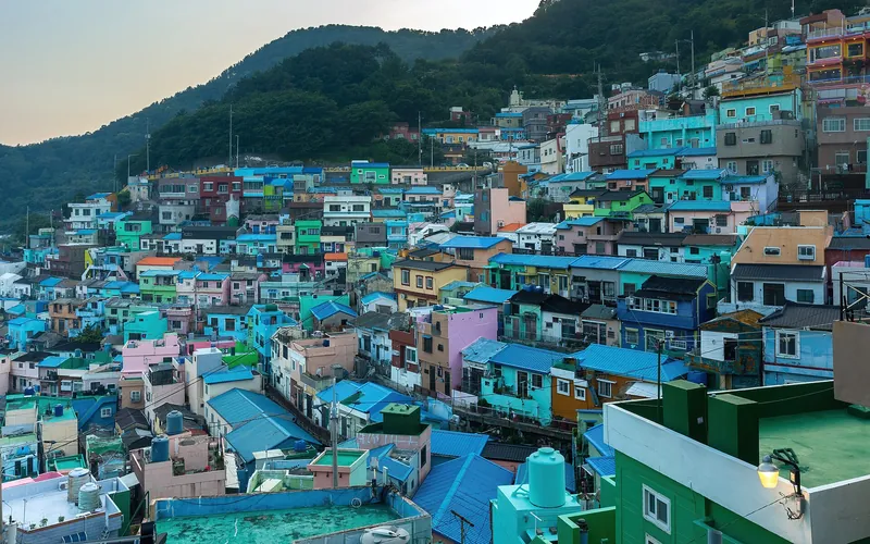 Colourful hillside houses of Gamcheon Culture Village at sunset
