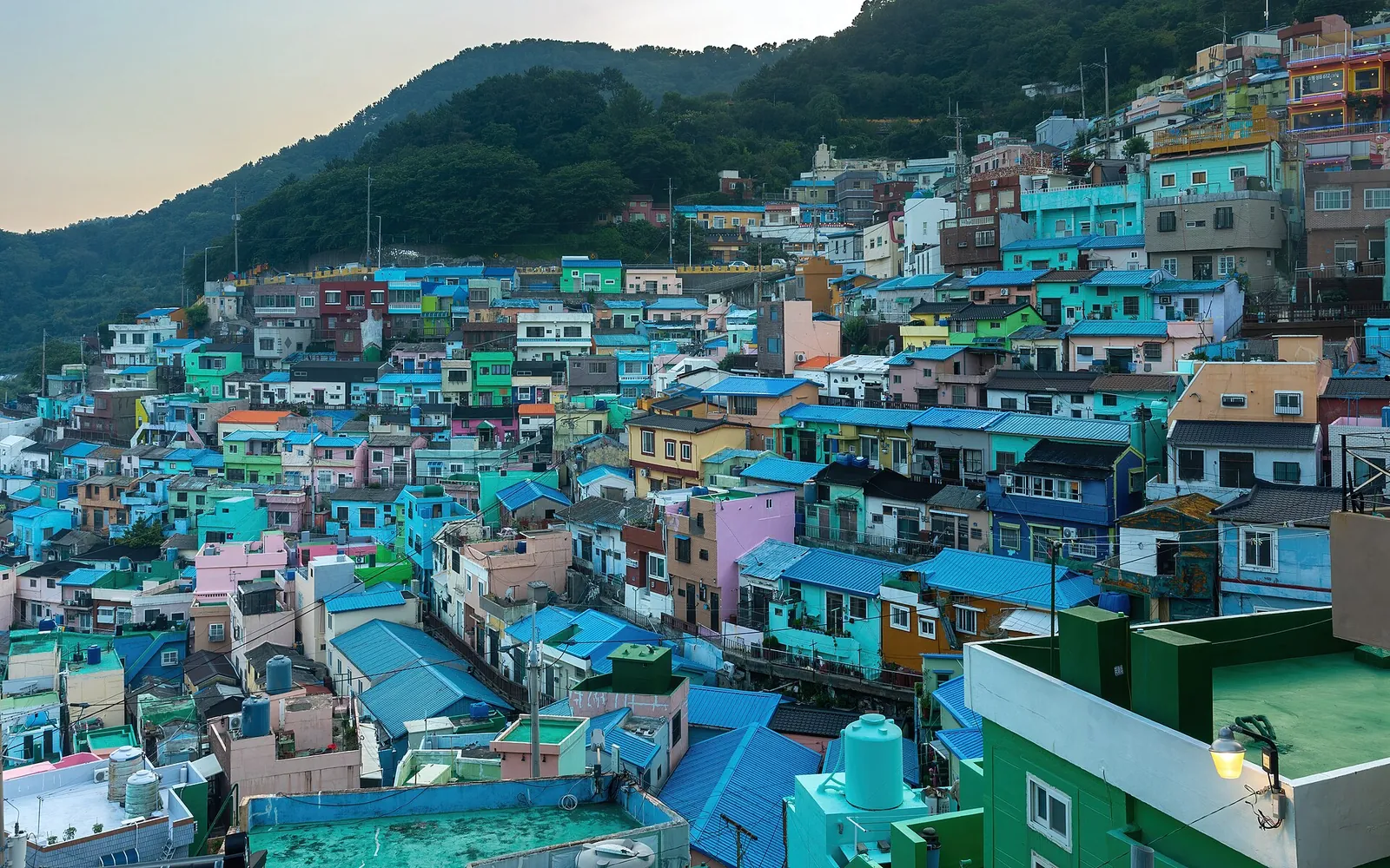 Colourful hillside houses of Gamcheon Culture Village at sunset