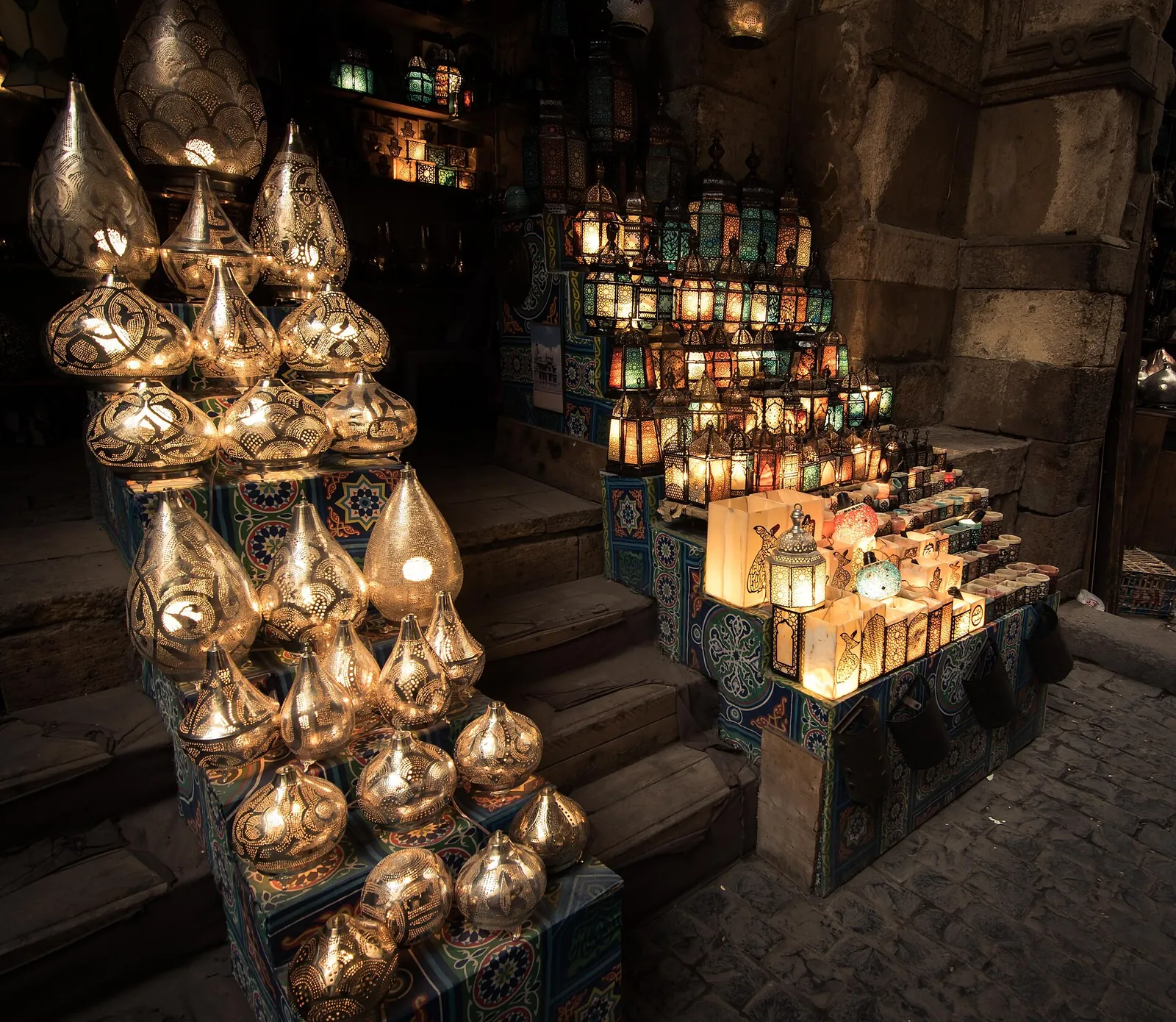 Glowing brass lanterns for sale in Khan el-Khalili