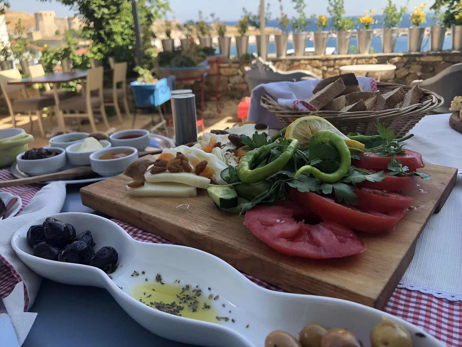A generous Turkish breakfast spread on a terrace