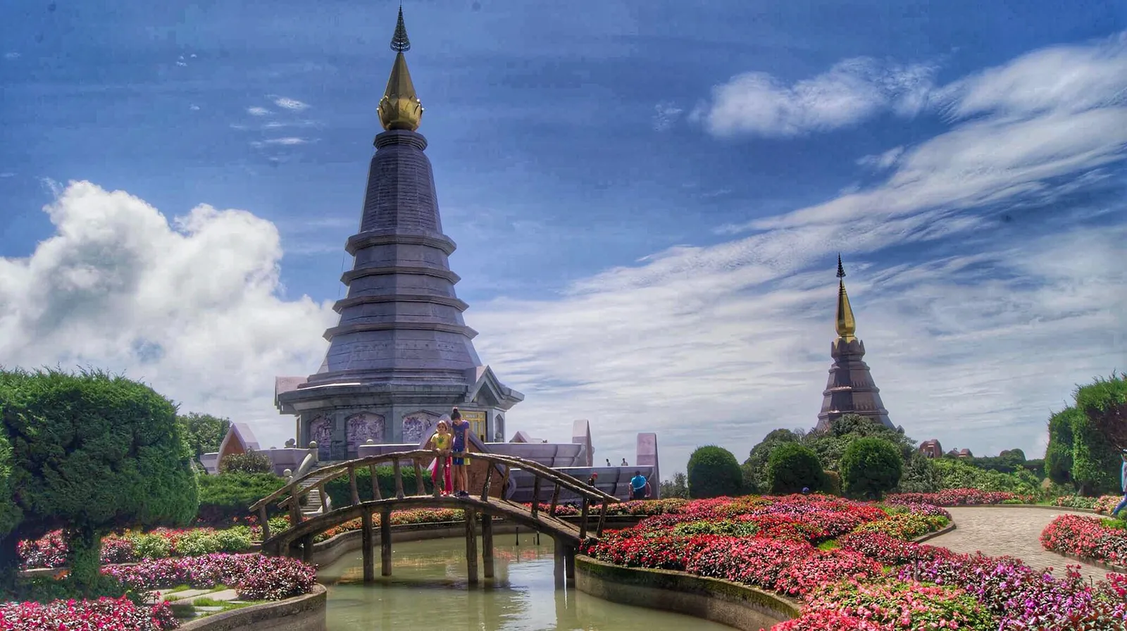 The royal pagodas on Doi Inthanon above flower gardens
