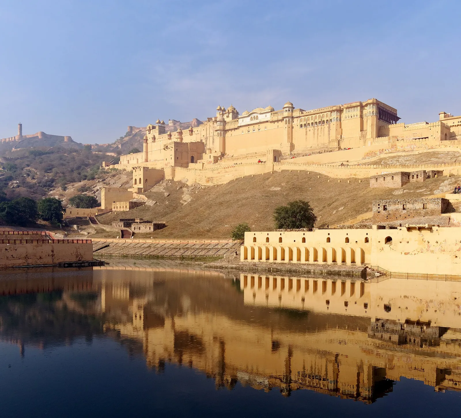 Amber Fort reflected in Maota Lake near Jaipur