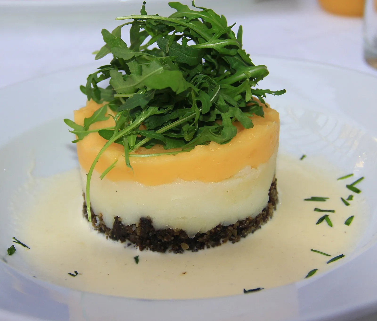 Haggis, neeps and tatties served as a stack