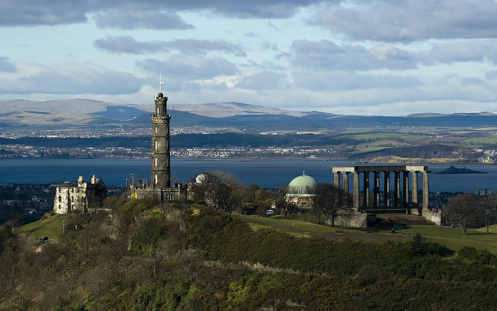 Calton Hill monuments with views to the Firth of Forth
