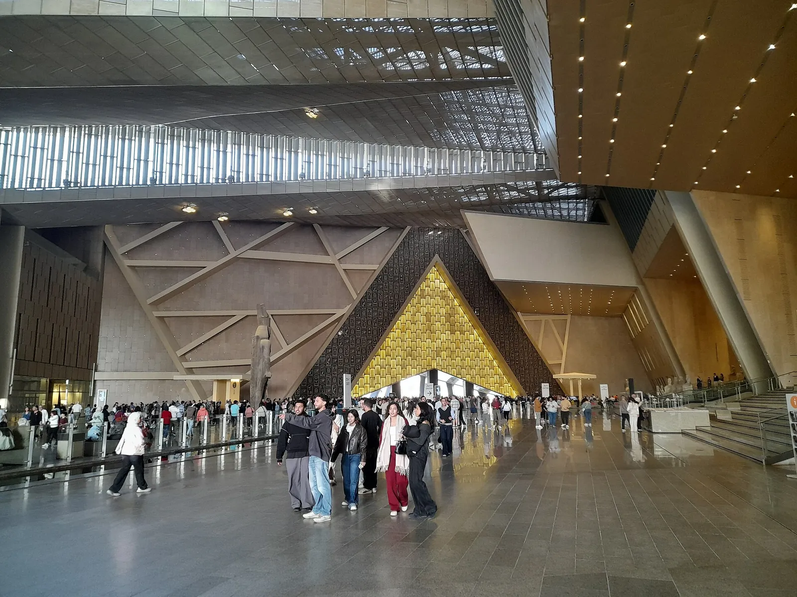 The bright entrance hall of the Grand Egyptian Museum