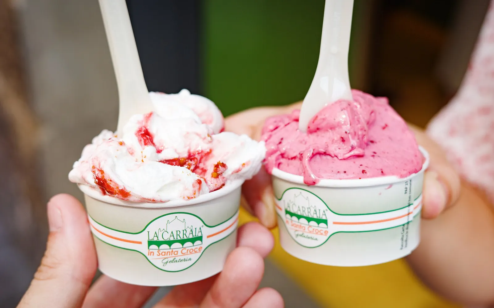 Two cups of colourful Italian gelato