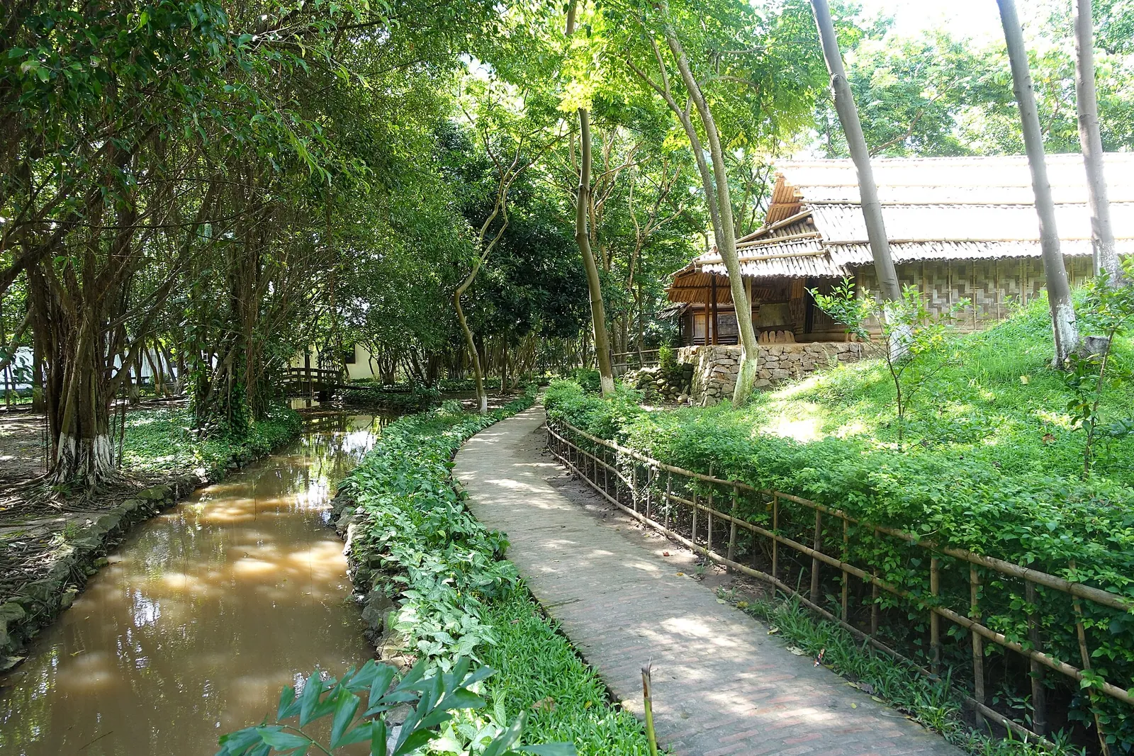 Leafy garden path past a thatched house, Museum of Ethnology