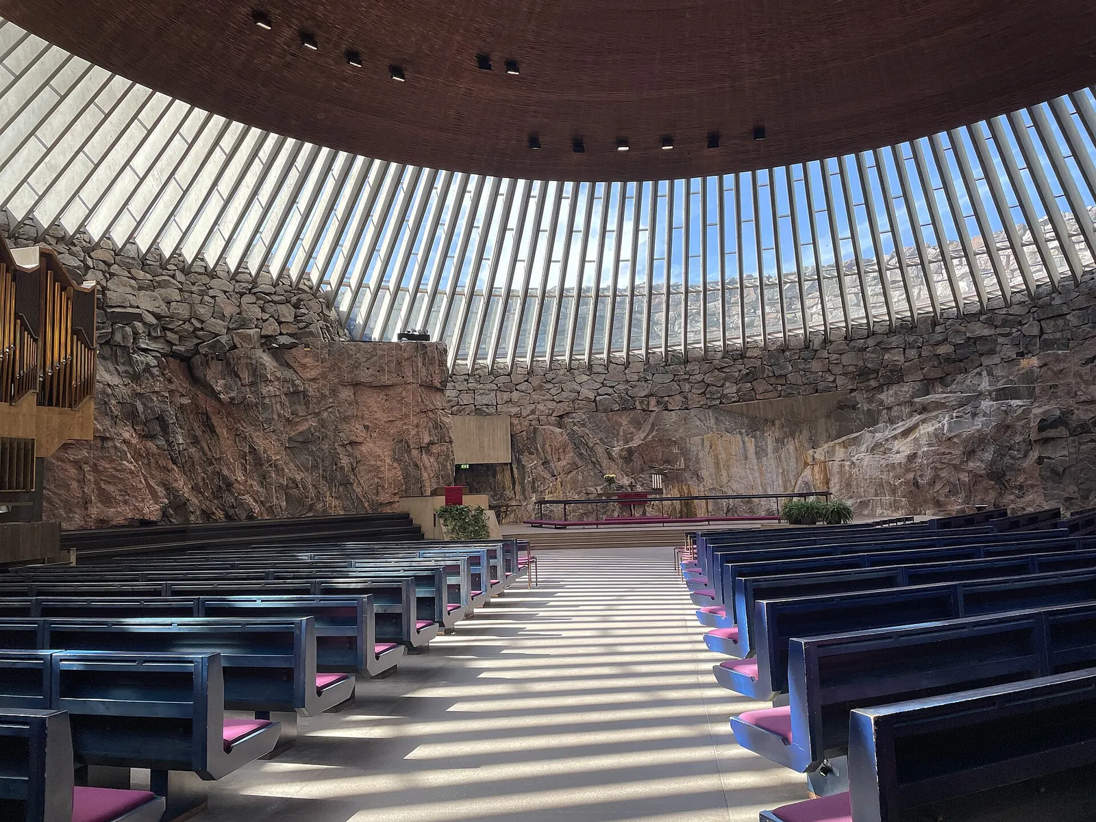 Light pouring into the Rock Church under its copper dome