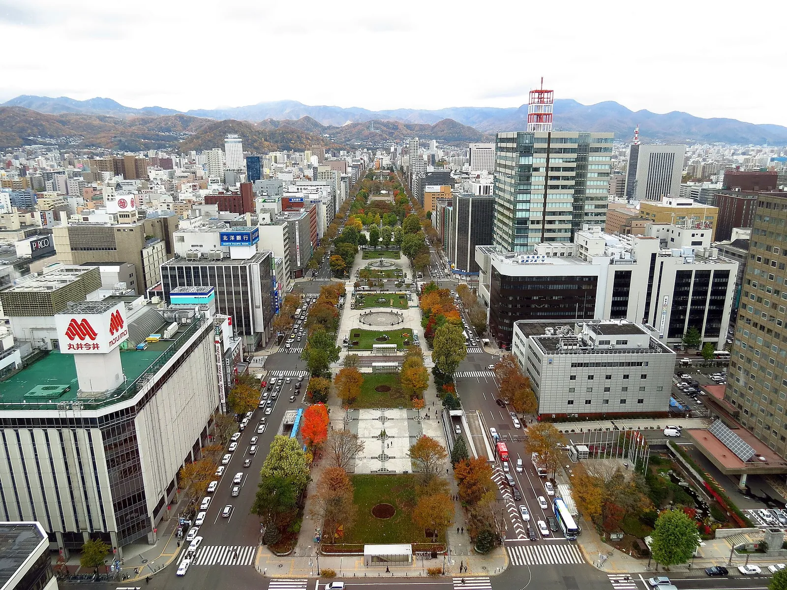 Odori Park in autumn colours stretching through Sapporo