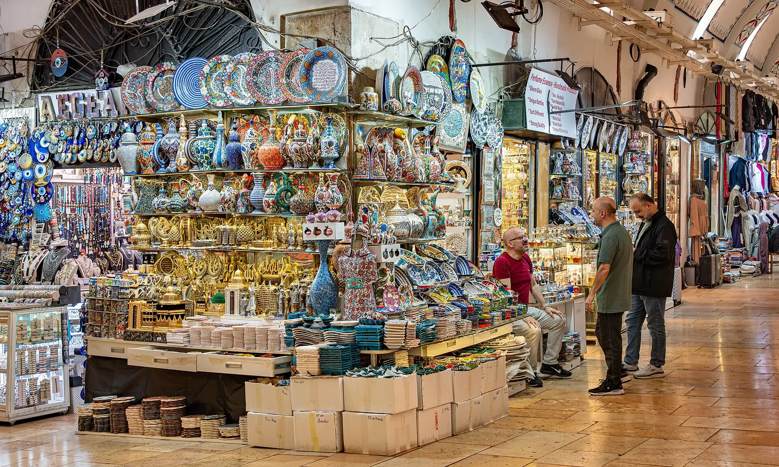 Colourful ceramics stacked high in the Grand Bazaar