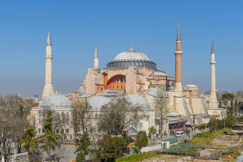 Hagia Sophia glowing under a clear blue sky