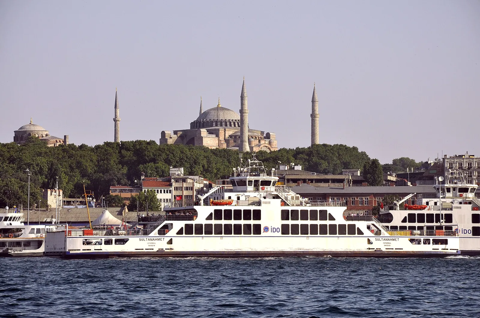 A city ferry on the Bosphorus below Hagia Sophia