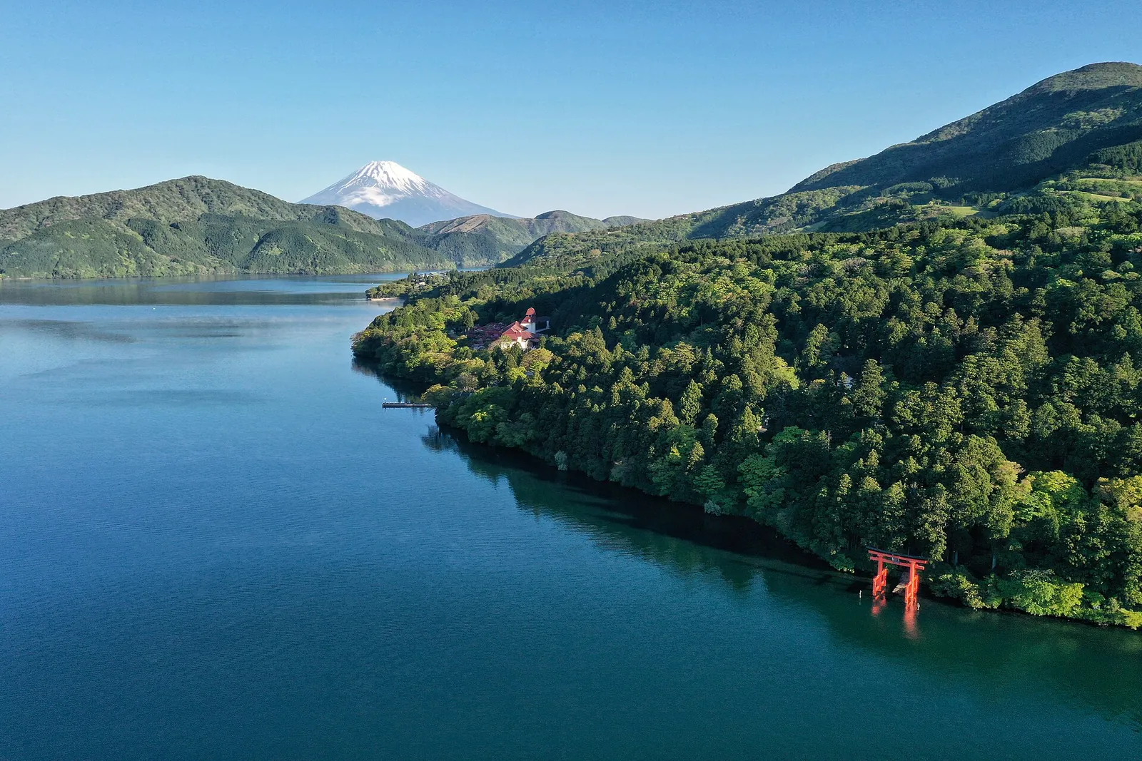 Lake Ashi with Mount Fuji and Hakone Shrine's red torii
