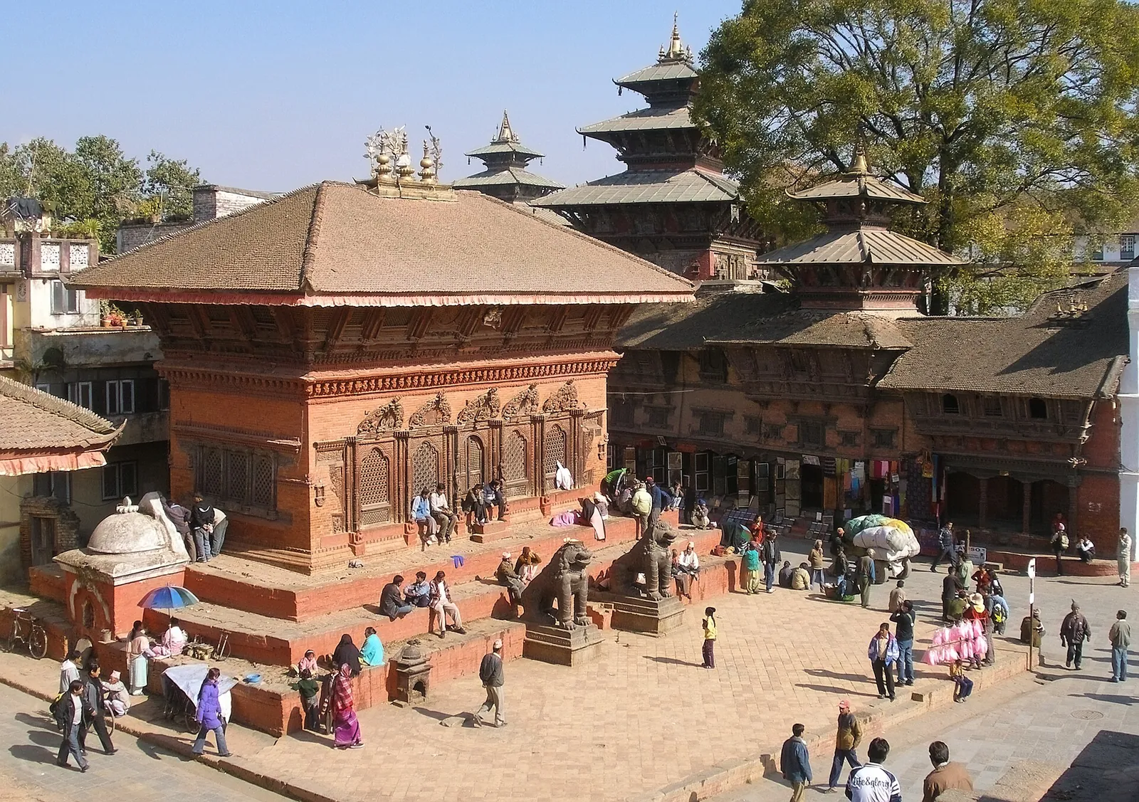 Tiered temples in sunny Kathmandu Durbar Square