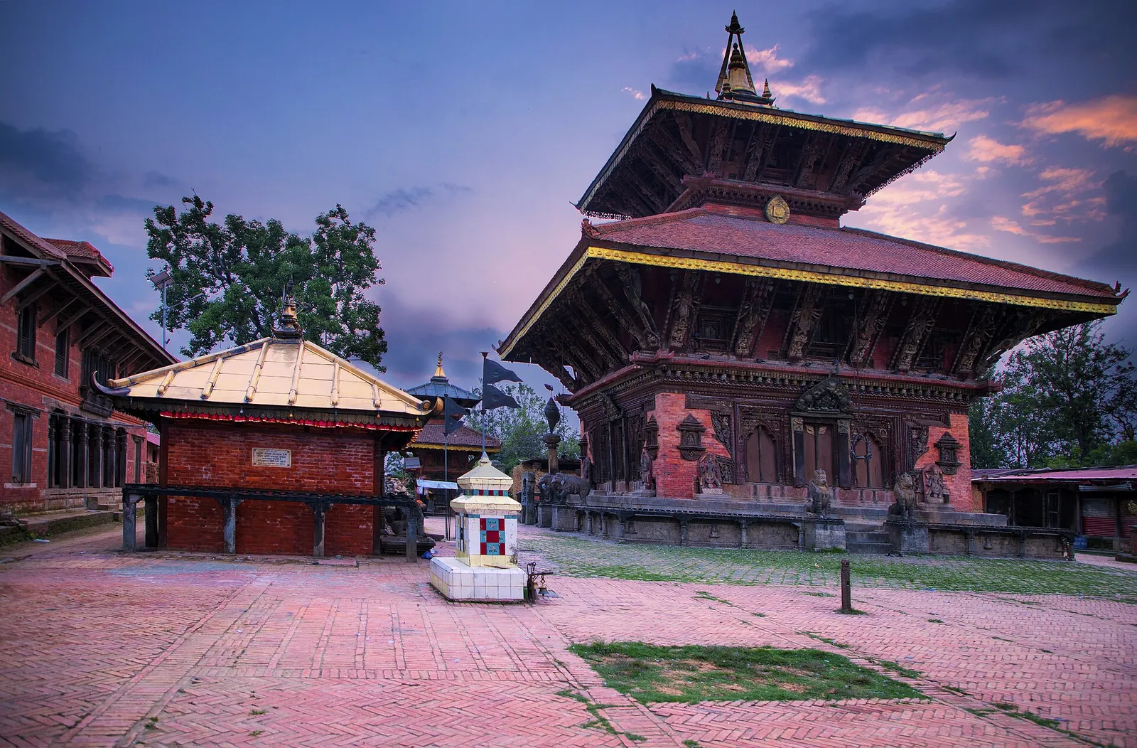 Changunarayan Temple's tiered roofs at dusk