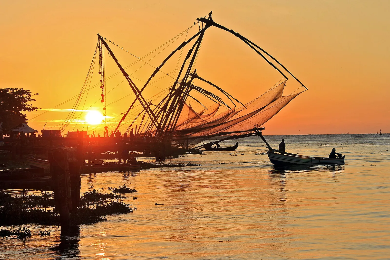 Chinese fishing nets glowing at sunset in Fort Kochi