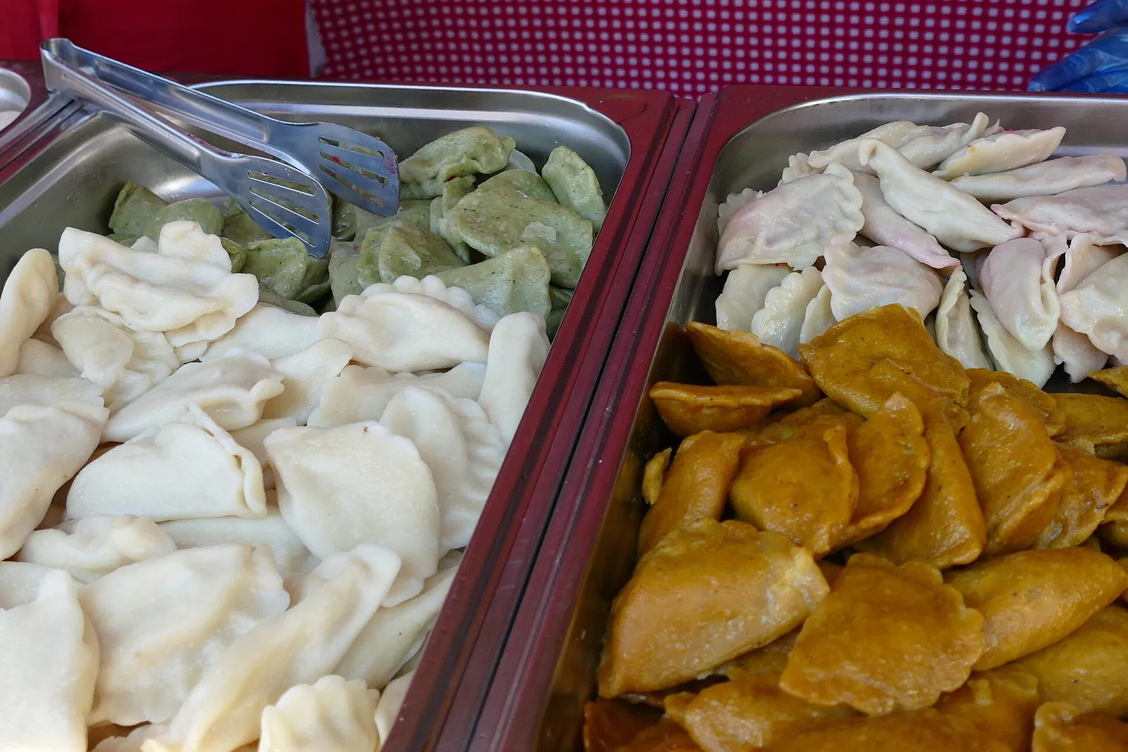Trays of freshly made pierogi in Krakow