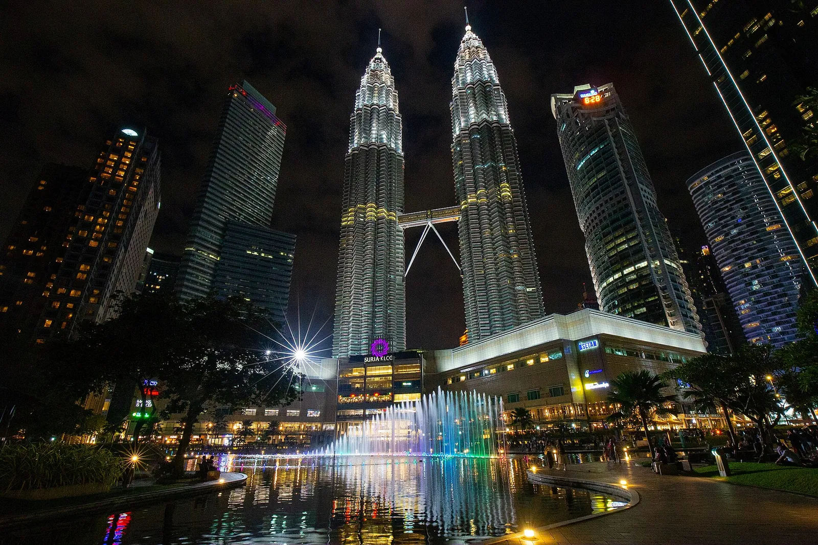 Petronas Twin Towers lit up above the KLCC fountains