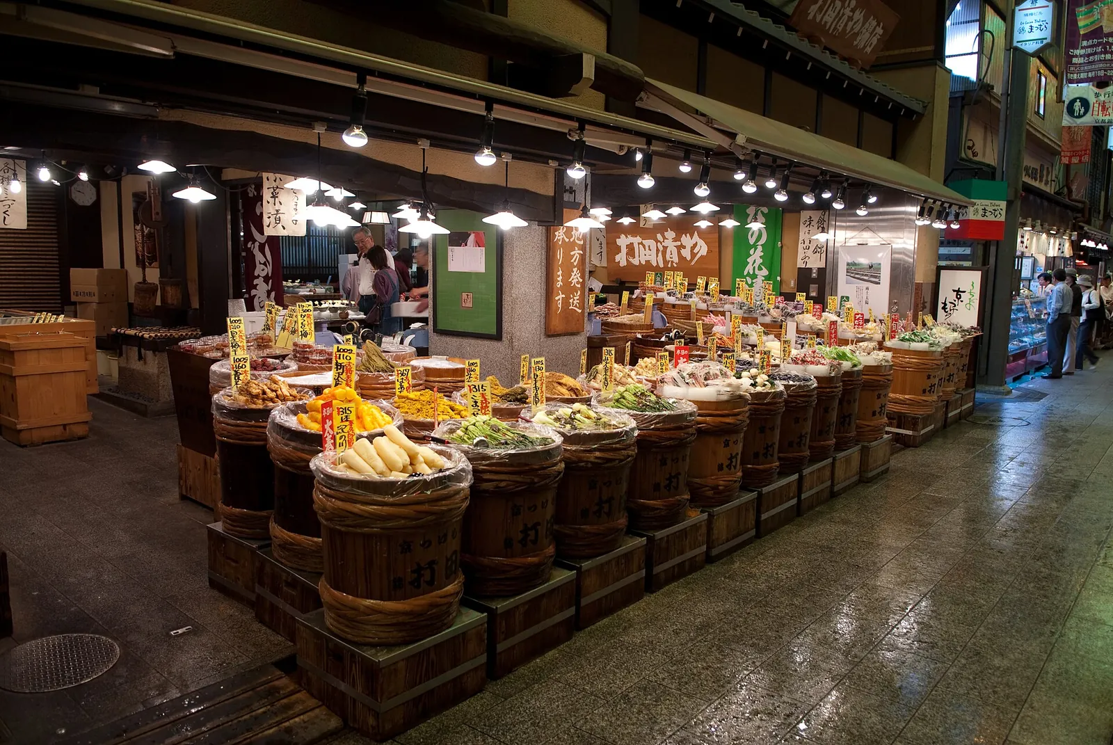 Barrels of colourful pickles at a Nishiki Market stall