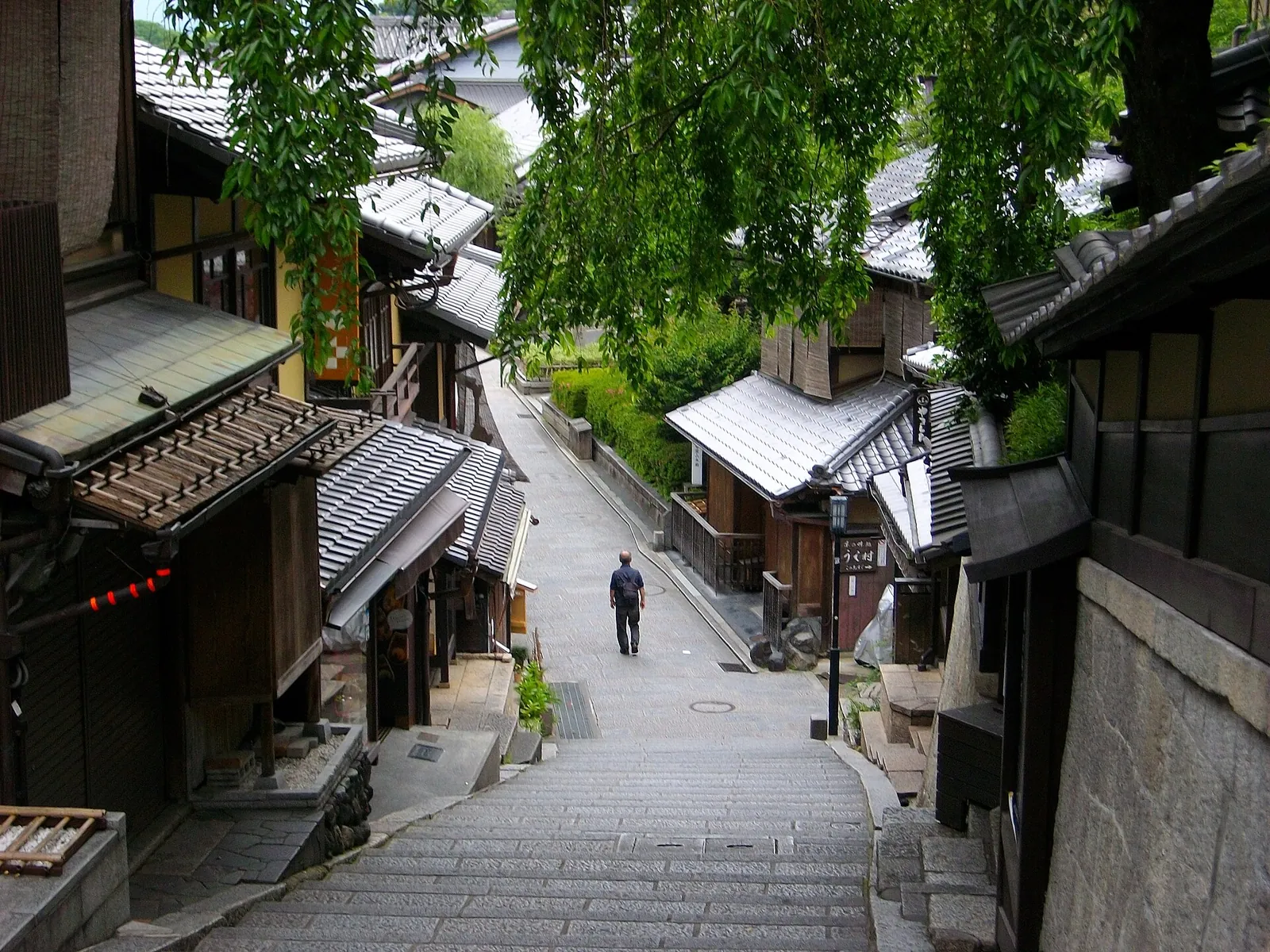 Quiet stone lane of old wooden houses in Higashiyama