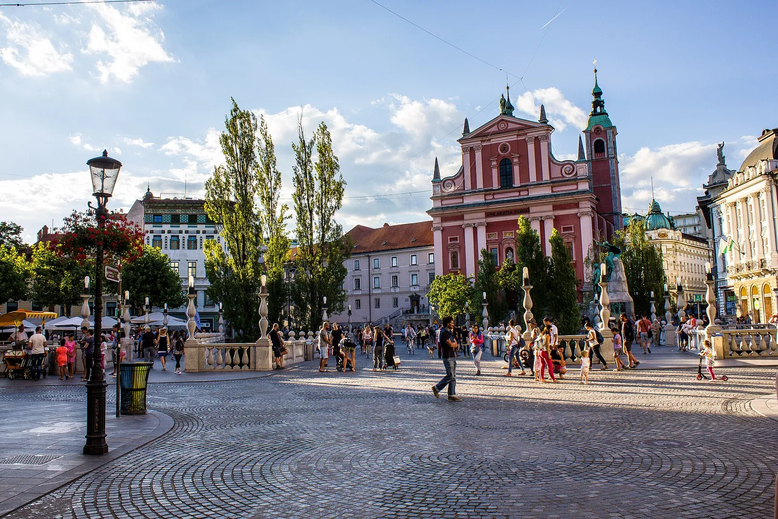 The Triple Bridge and pink Franciscan Church in Ljubljana