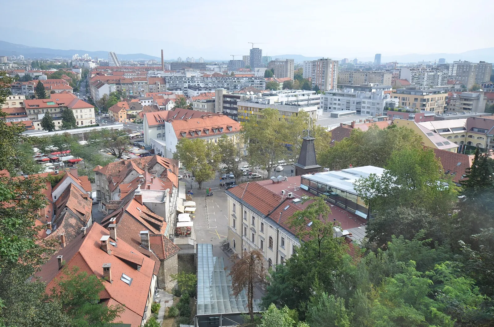 Red rooftops of Ljubljana seen from the castle funicular