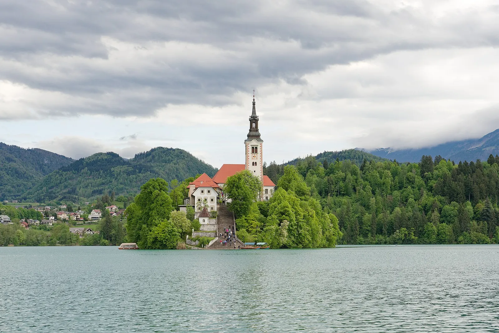 The church on Bled Island rising from the green lake