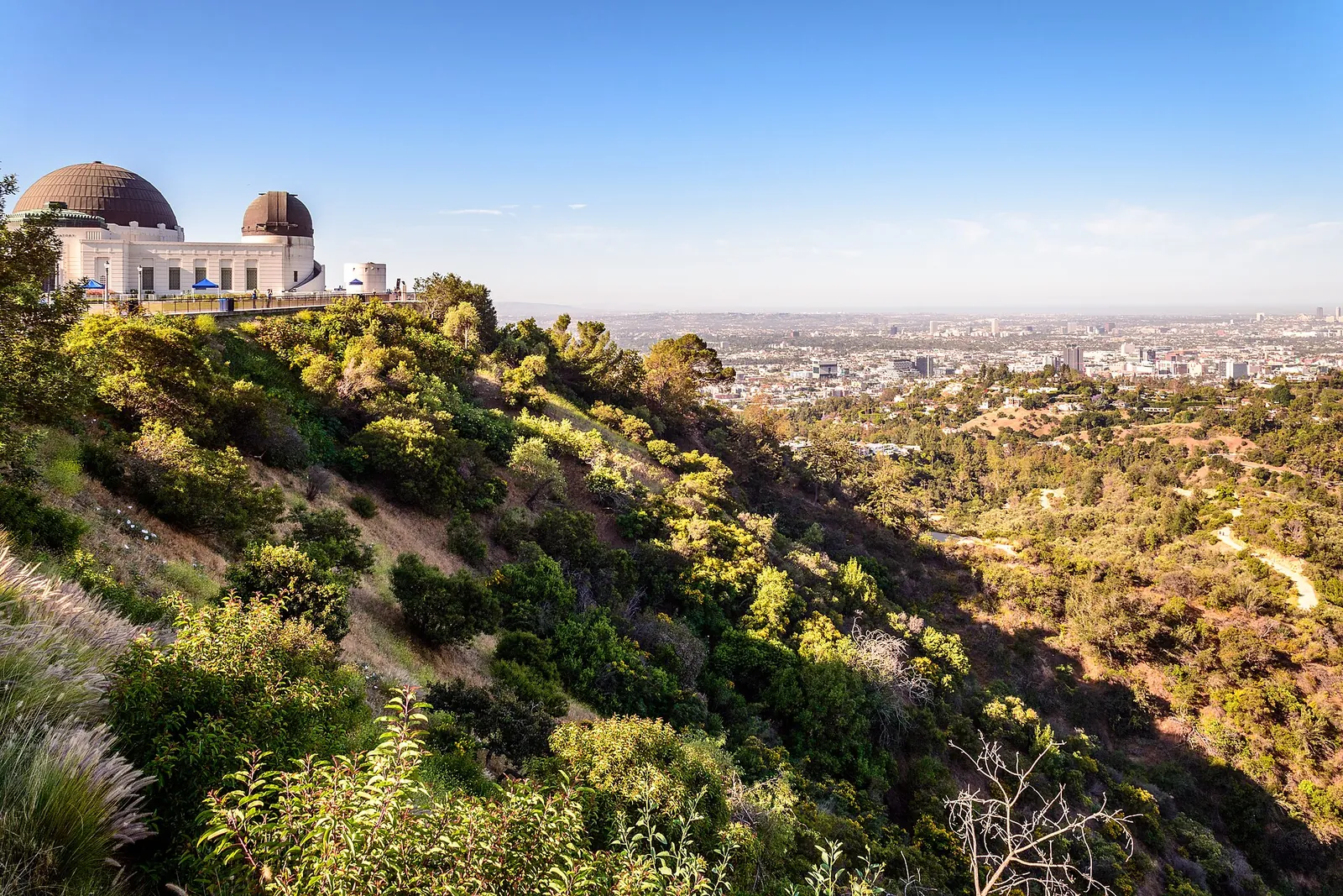 Griffith Observatory on its green hillside above Los Angeles