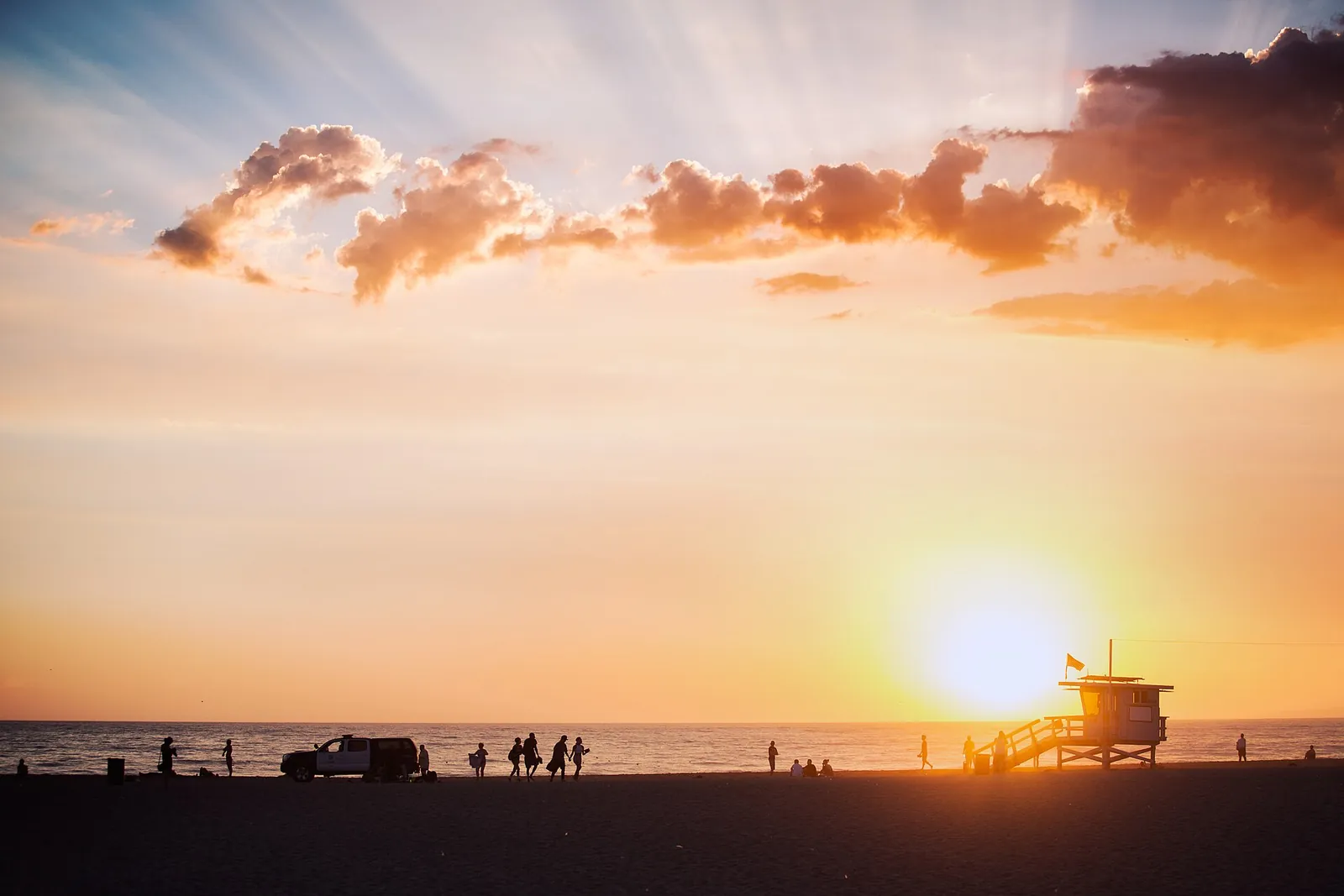 Golden sunset over the sand at Venice Beach