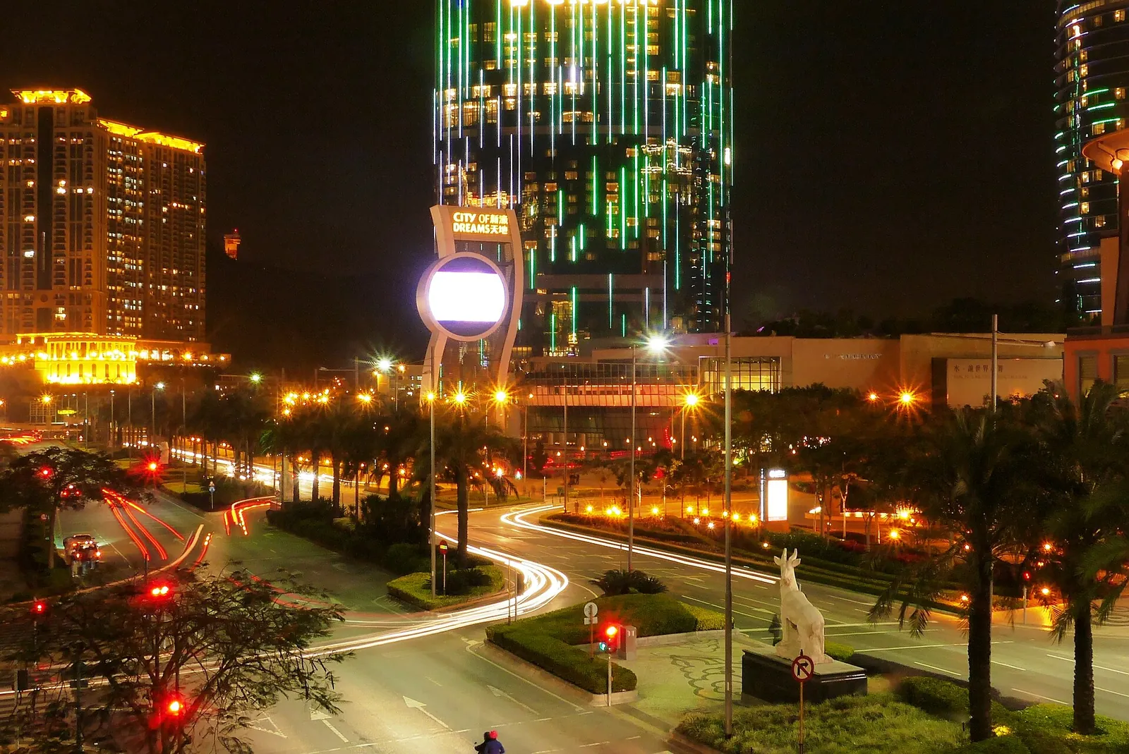 Cotai resorts and light trails after dark