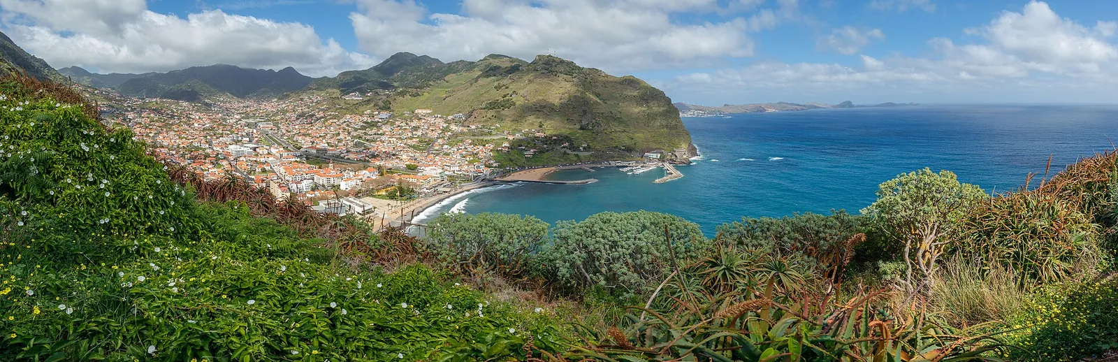 Machico bay seen from a green hillside viewpoint