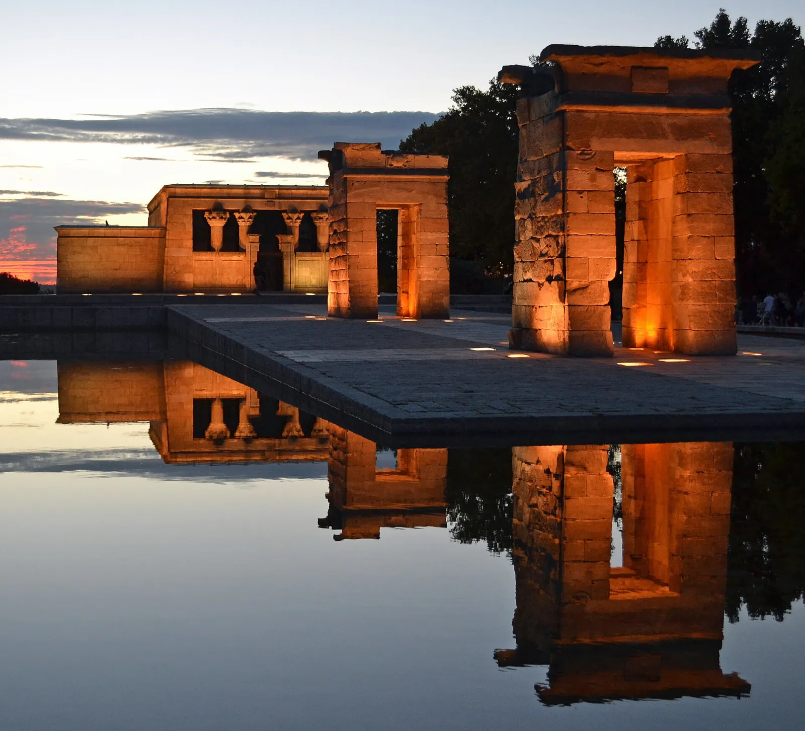 Temple of Debod glowing at sunset