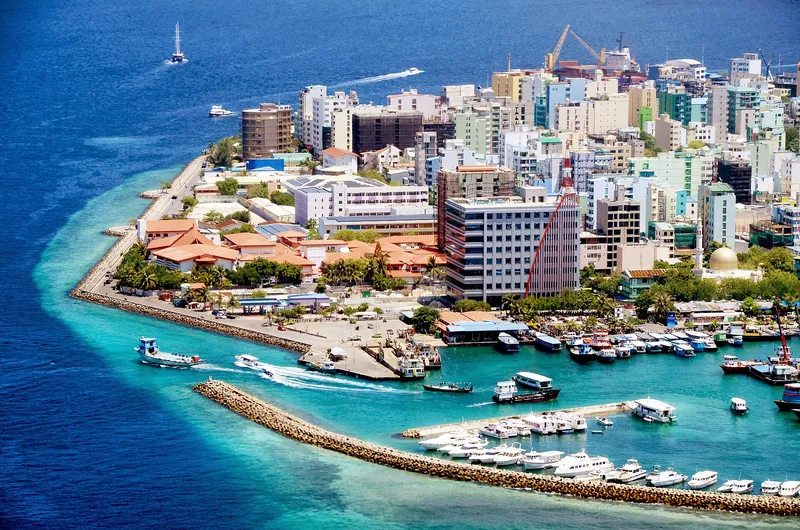 Malé packed onto its island, ringed by turquoise water