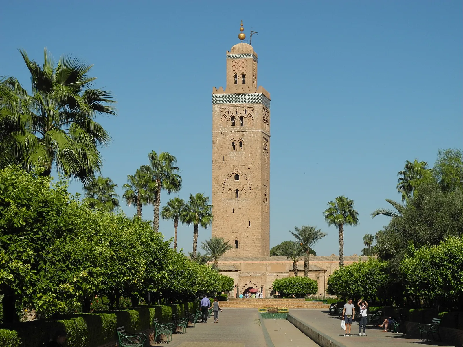 Koutoubia minaret rising above palm-lined gardens