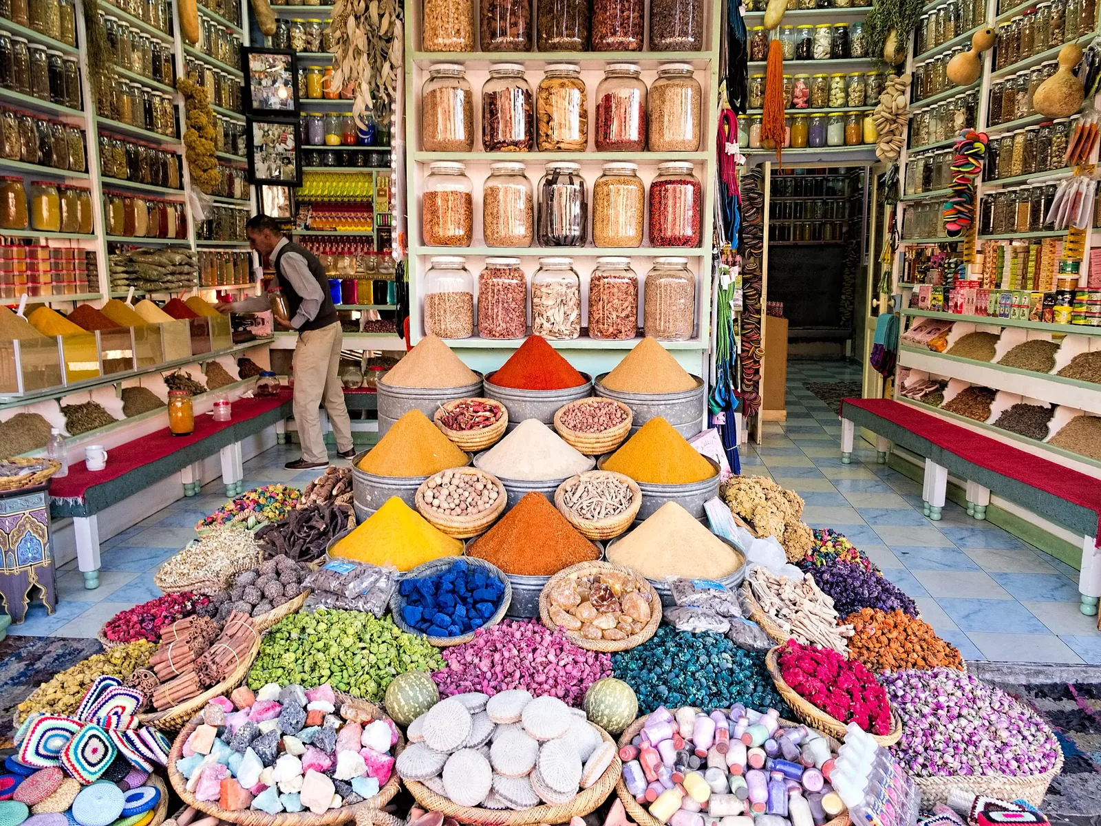 Colourful spice pyramids in a medina souk