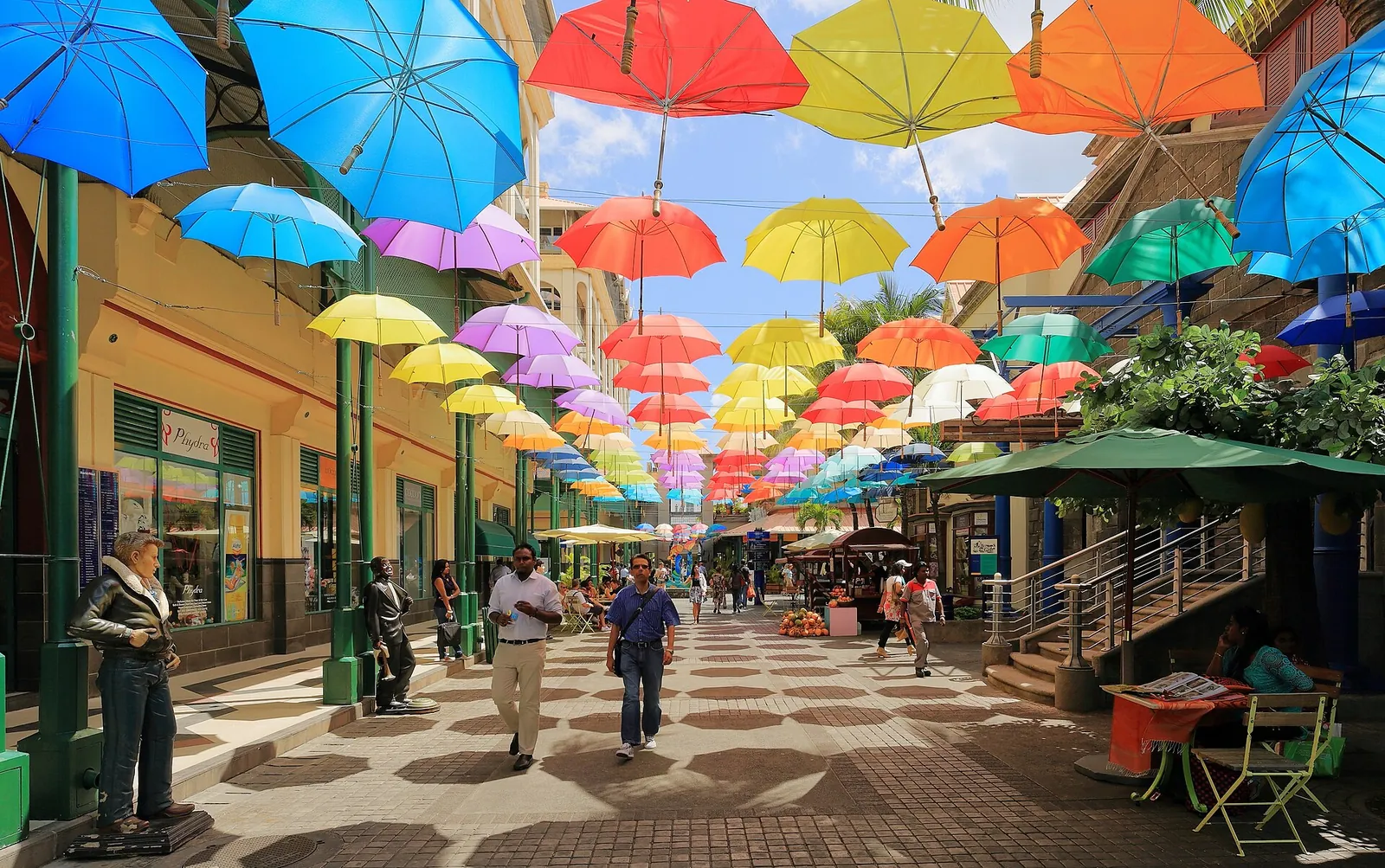 Colourful umbrellas over a lane at Caudan Waterfront