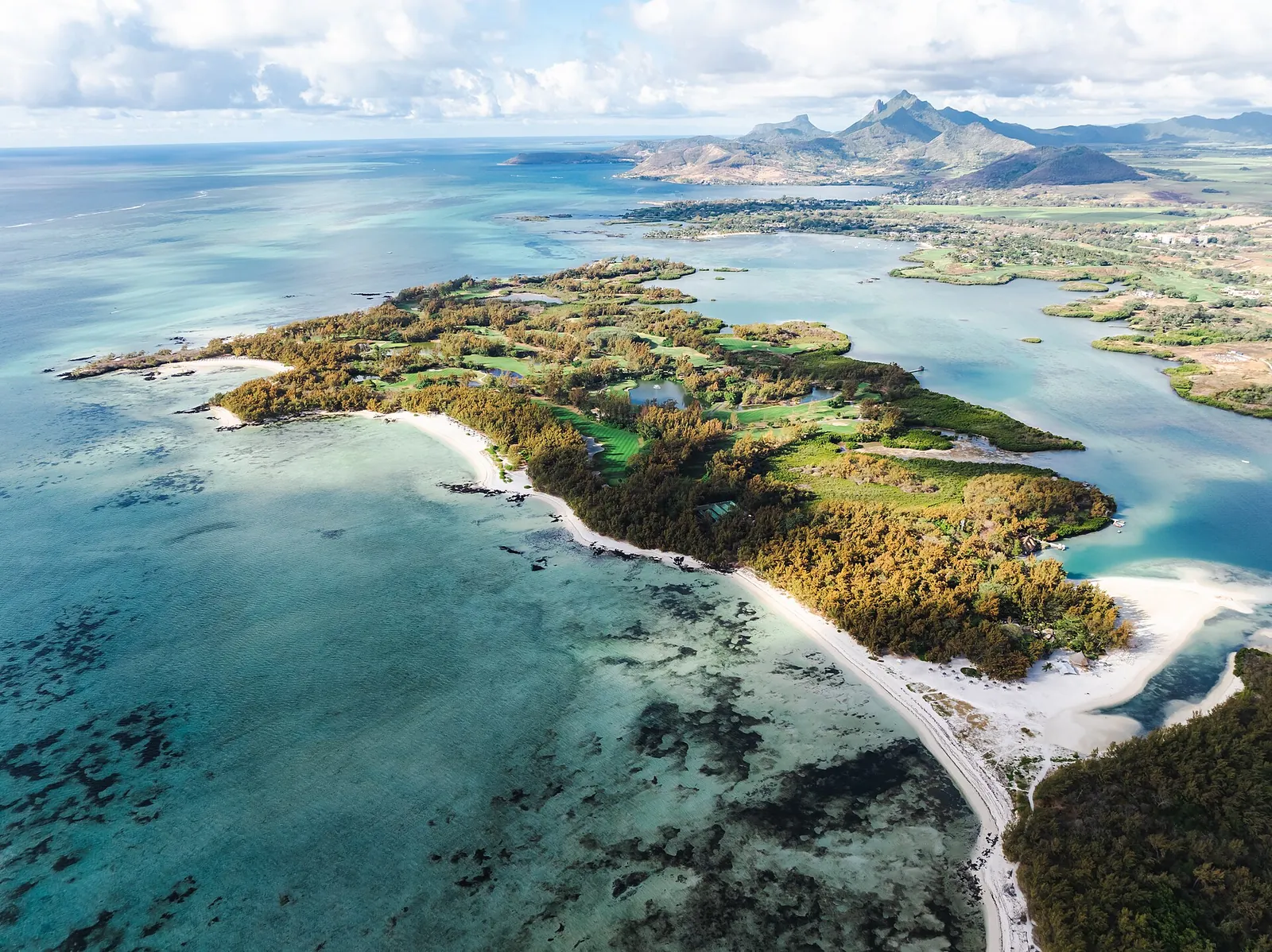 Aerial view of Ile aux Cerfs and its turquoise lagoon