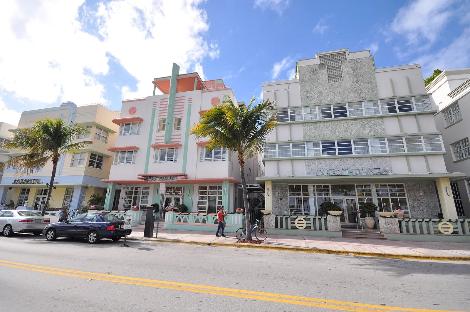 Art Deco hotels along Ocean Drive under a blue sky