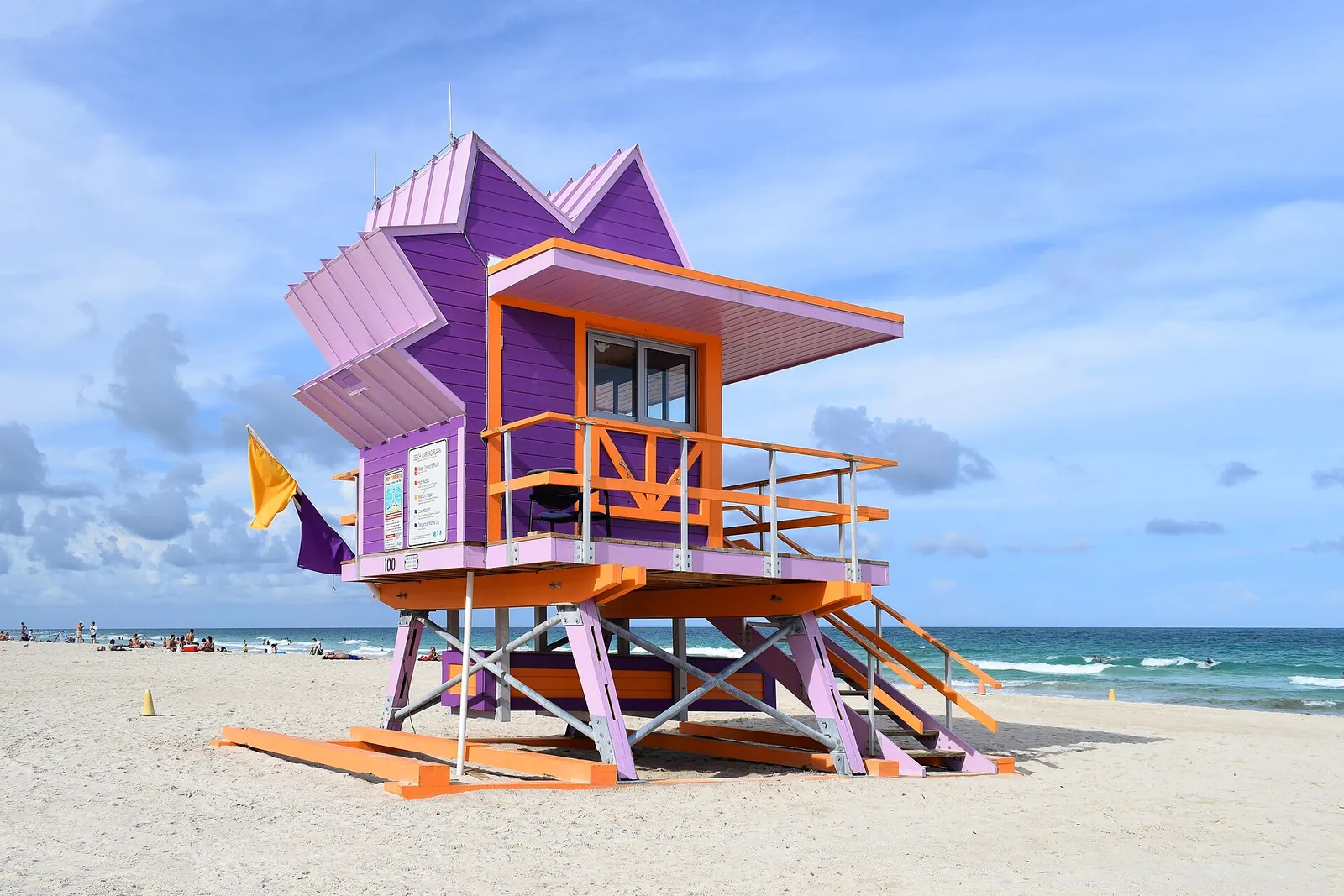 A colourful lifeguard stand on the sand at Miami Beach